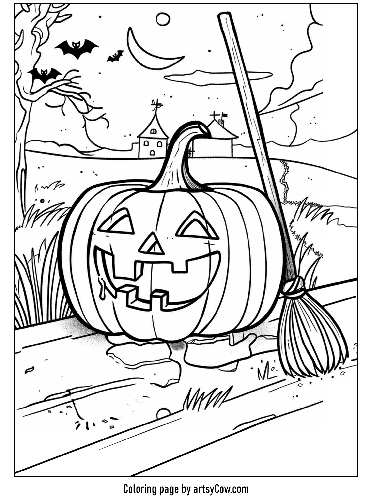 halloween pumpkin drawings for kids, showing a carved pumpkin with a cheerful face next to a broom, under a moonlit sky with flying bats.